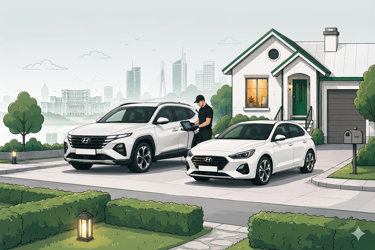 Tehnician Hyundai efectuând diagnoză mobilă pe două mașini Hyundai în fața casei clientului